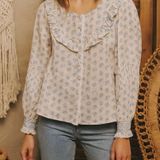 Love Shack Fancy Goldie Long Sleeve Button Down Blouse in White Floral Photo 0