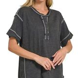 Zenana Outfitters Charcoal Grey Short Sleeve Button Detail Top Photo 0