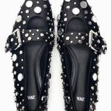 ZARA NWOT  mirrored dot studded pointy toe ballet flat buckle Mary Jane black Photo 0