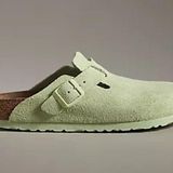 Birkenstock  Boston Soft Footbed Suede Leather Clogs in Faded Lime Green Photo 0