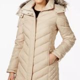 Kenneth Cole • Tan Quilted Faux Fur Trim Hooded Down Puffer Coat Photo 0