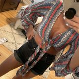 Audrey 3+1 Front Tie Flare Sleeve Crop Top Photo 0