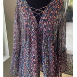 Self Esteem Womens 2x Tunic Blouse Blue Floral  SemiSheer Bell Sleeve Fairy Festival Cottage Photo 0