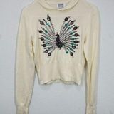 Unique Vintage  Size Medium Cream Sweater Peter Pan Collar Sequined Peacock Retro Photo 0