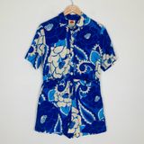 Farm Rio  linen blend blue and natural white cream colored short sleeve romper. S Photo 0