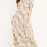 Urban Outfitters Linen Wrap Gingham Midi Dress Brown White Short Sleeve Tie Photo 0