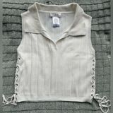 Storia  Cream Ribbed Polo Tank Top with Tie Front Photo 0