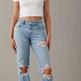 American Eagle Curvy Stretch Jeans Straight Ripped 90s Photo 0