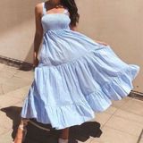 Bishop and Young  Light Blue Smocked Poplin Tiered Midi Dress Cotton XS Photo 0