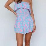 Vestique Strapless Ruffle Blue and Pink Pattern Murphy Romper Photo 0