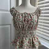 E & M Floral Sage Stretch Elastic Short Sleeve Peasant Tie Up Blouse Top Photo 0