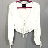 Kittenish  White Satin Tie Front Long Sleeve Cinched Cropped Trendy Top S Photo 0
