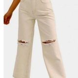 Free People We the Sz 31 Off White Wide Leg Cropped Jeans Distressed Button Fly Photo 0