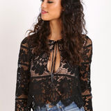 For Love & Lemons Gianna Black Floral Lace 3/4 Sleeve Cropped Top tie low cut Photo 0