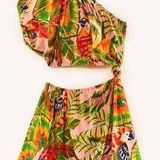 Farm Rio Macaw Leaves One-Shoulder Cut-Out Minidress XS Multicolor Summer Dress Photo 0