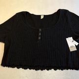 BP . Womens Top Black Size Large Pointelle Rib Henley Lettuce Hem Photo 0