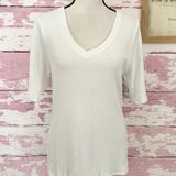 Magaschoni Women’s White Ribbed V-neck Pima Cotton Blend Short Sleeve Tee Top in a size Large Photo 0