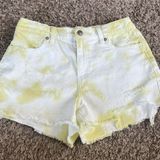 Aerie High Waist Denim Jean Shorts White and Yellow Tie Dye, Size Small Photo 0