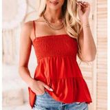 Paper Crane Women’s Top Size Small Red Smocked Babydoll Tiered Cottagecore Fairy Photo 0