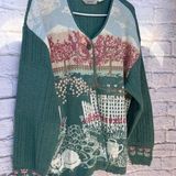 Northern Reflections Vintage XL/TG Green Pink Floral Cat Cardigan Sweater Photo 0