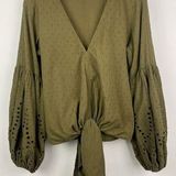 Lovestitch  Green Swiss Dot Boho Front Tie V-Neck Eyelet Long Sleeve Top Size M Photo 0