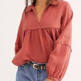 We The Free  Silver Lining Shirt Slub Cotton Peasant Boho Photo 0