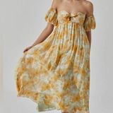 ASTR  Off the Shoulder Puff Sleeve Floral Midi Dress Photo 0