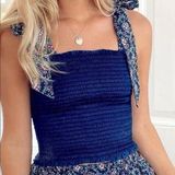 Koch  navy smocked crop top tie straps bows floral cece satin stretchy flowers Photo 0