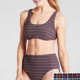 Athleta Seersucker High Neck Waist Bikini Multi Color Navy Plaid Womans 36D DD L Photo 0