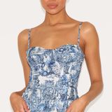 Pretty Little Thing Blue Renaissance Print Structured Corset Top Photo 0