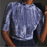 Pilcro Anthropologie  Velveteen Short Sleeve Mock Neck Blue Velvet Top Size S Photo 0