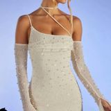 Oh Polly Champagne Embellished Dress Photo 0