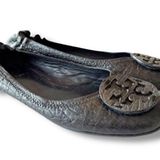Tory Burch Reva Ballet Flat Matte Black Croc Embossed Leather Logo Size 8 Womens Photo 0