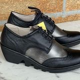 Fly London  Palt Black Antique Silver Leather Lace Up Wedge Shoes 37 /6.5 Photo 0
