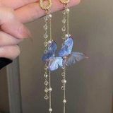 Crystal Butterfly Pearl Tassel Long Dangle Drop Earrings for Women Gold Photo 0