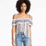 Lucky Brand  Women's Blue Floral Off-Shoulder Blouse Medium Photo 0