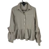 Gracia Brown and White Striped Peplum Button-Up Blouse Photo 0