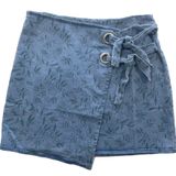 Lumière New Side Tie Asymmetrical Mini Skirt Denim Blue Green Leaf Photo 0