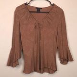 Anne Carson  Women’s Silk Floral Paisley Textured  Tie Neck Flare Sleeve Blouse Photo 0