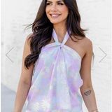 Pink Lily NWOT Small I'M HERE TO STAY MULTI TROPICAL HALTER TANK Photo 0