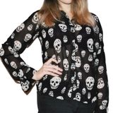 Fun & Flirt Sheer Skull Print Buttoned Blouse Photo 0