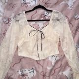 Lulus Coquette cream floral lace lace long sleeve crop top with black ribbon trim size small Photo 0