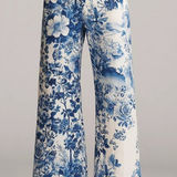 Maeve  Anthropologie The Colette Blue Linen Floral Wide Leg Crop Pants Size 27 Photo 0
