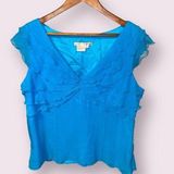 Maggy London  Short Sleeve 100% Silk Ruffled V-Neck Blouse in Aqua - size 16 Photo 0
