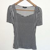 EXPRESS Gingham Black And White Short Sleeve Business Casual Top Photo 0