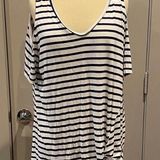 143 Story DONATING SOON! Navy & White Striped Cold Shoulder top Photo 0