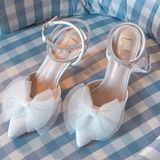 Lulus White Satin Rhinestone Bow Ankle Strap Pumps Photo 0