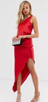 ASOS DESIGN satin one shoulder drape midi dress in red