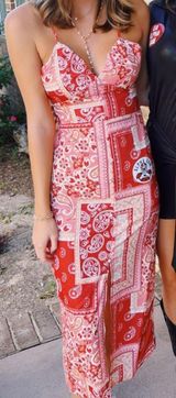 Red Boho Split Thigh Cami Dress with Spaghetti Straps and Scarf Print Photo 0