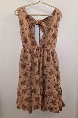 HOUSE OF HARLOW Linen Floral Deep V-neck Bow Back Mini Dress small Pink Photo 0